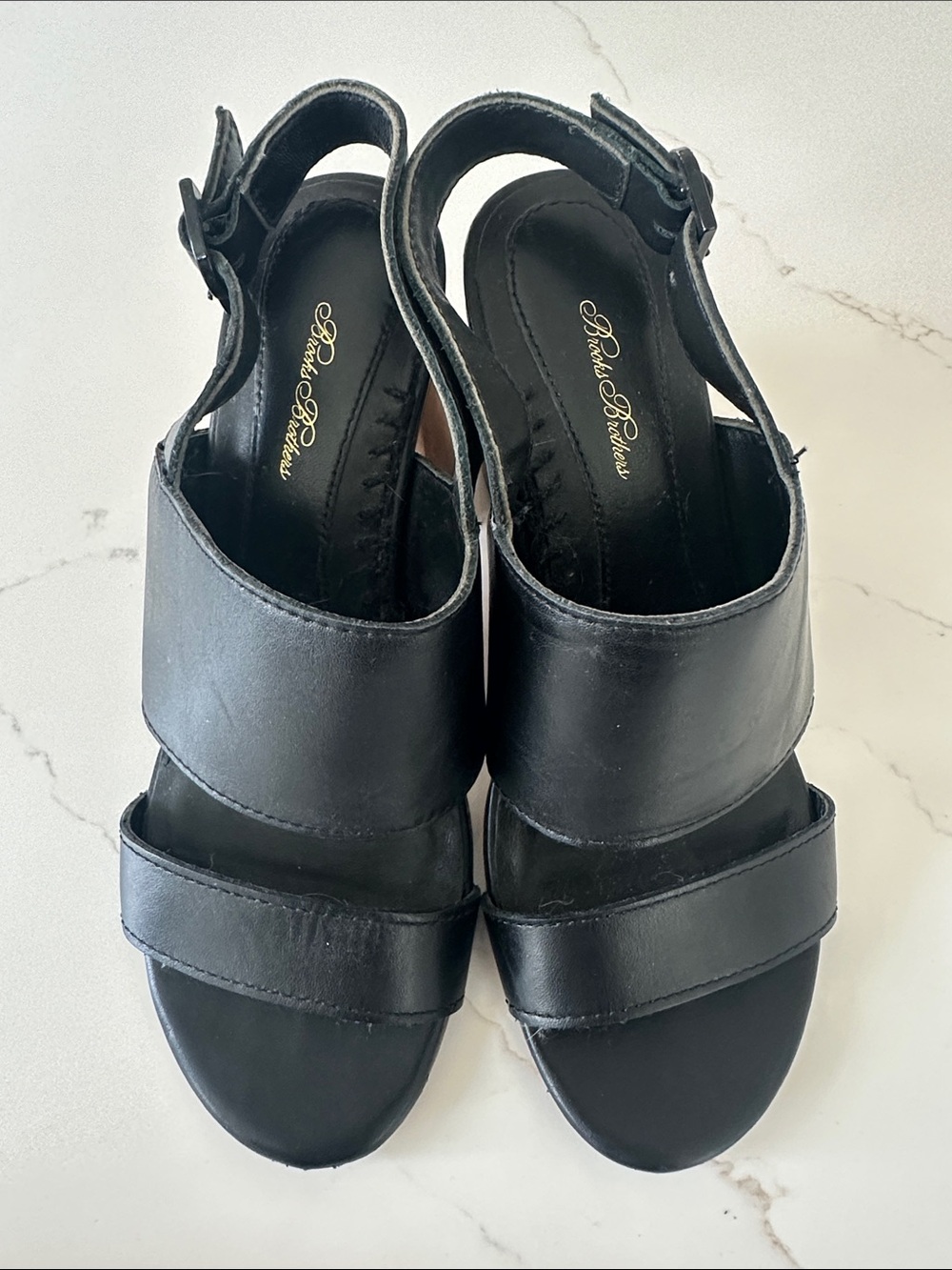 Brooks Brothers Black Leather Open-Toe Slingback Sandals